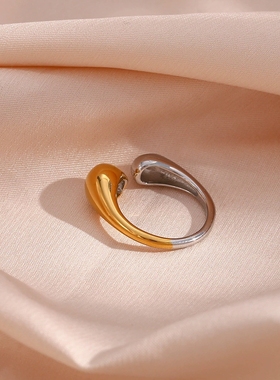 欧美ins摩登简约流行指环饰品女 不锈钢开口两头水滴金银拼接戒指