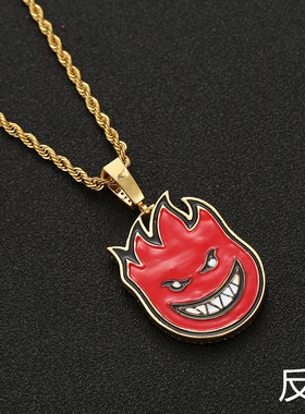 欧美spit造型火人嘻哈项链fire火苗吊坠双面街头镶钻锆石锁骨链