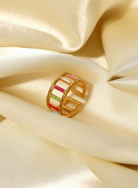 摩登流行滴油不锈钢戒指派对礼物 18K镀金首饰彩色珐琅开口戒指女