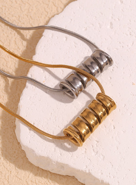 欧美跨境竹节小众气质爆款项坠不锈钢镀18K金螺旋弹簧吊坠项链女