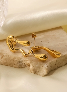18k镀金不锈钢不规则水滴形状设计耳钉INS女性摩登百搭几何款耳环