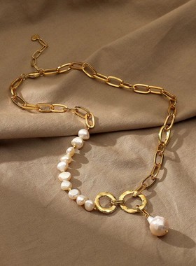 14K镀真金矩形链式链颈链配淡水珍珠项链女式新款摩登项链饰品