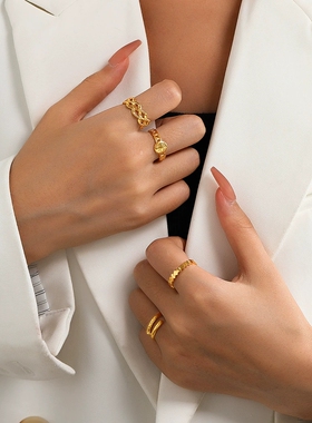 不锈钢！欧美时髦感笑脸网格钉子几何潮流交叉开口可调节指环戒指