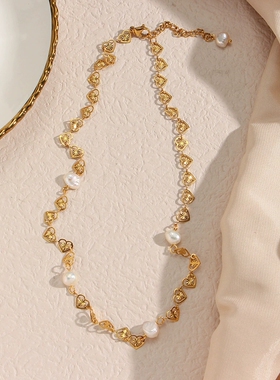 欧美摩登潮流气质百搭锁骨链饰品 不锈钢镀18K爱心片四颗珍珠项链