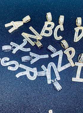 欧美青春潮流hip hop方形微镶锆石26个字母可定制项链男女锁骨链