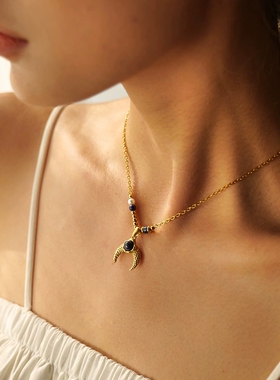 欧美INS网红时尚流行款18K金不锈钢镶珍珠青金石牛角吊坠项链饰品