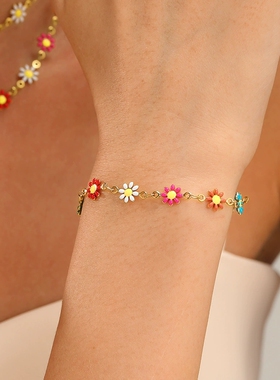 不掉色！欧美明艳活泼五彩色滴油珐琅小雏菊悠闲感花朵项链锁骨链