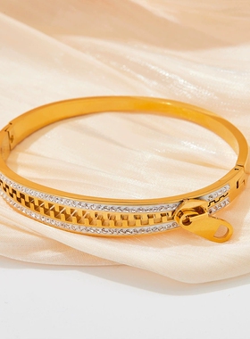 不锈钢！欧美新款设计拉链镶钻闪耀卡扣手镯摩登商务高级质感手环