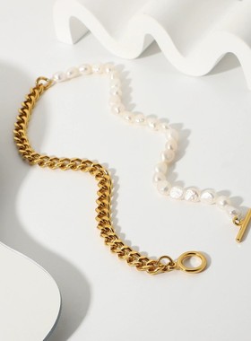 古典风格OT扣古巴链淡水珍珠项链不锈钢半链半珍珠拼接相连项链女