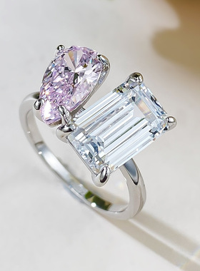 经典款珠宝 2024新品925银7*11高碳钻白钻粉钻戒指女欧美时尚百搭