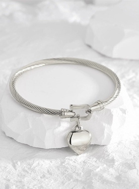 跨境钢丝绳钛钢手镯时尚文艺复古不锈钢吊桃心镯子手饰品