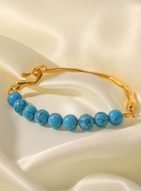 INS风蓝石手链轻奢复古天然珍珠/蓝松石不锈钢手镯欧美时尚手链女