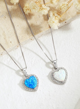 欧美s925纯银爱心欧泊项链女小众轻奢优雅气质感蛋白心形澳宝吊坠