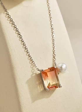 S925纯银渐变彩色合成锆石项链女设计感珍珠吊坠锁骨链颈链潮流