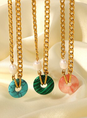 欧美新款摩登个性INS风天然石圆环吊坠项链女式18K金不锈钢古巴链