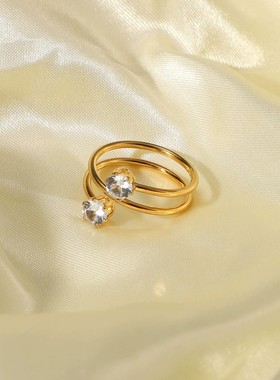 欧美INS网红同款并排白锆2钻开口戒18K镀金不锈钢戒指女式饰品