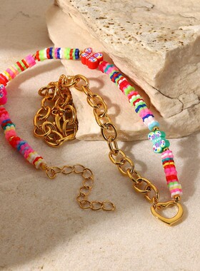 INS风镂空心形吊坠项链女18K金不锈钢爱心项饰彩色陶瓷拼接十字链