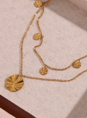 欧美ins摩登简约流行百搭毛衣链饰品 不锈钢凹凸表面圆花双层项链