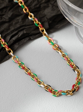 复古油画风ins百搭小众个性项链 冷淡风彩色钛钢不掉色锁骨链