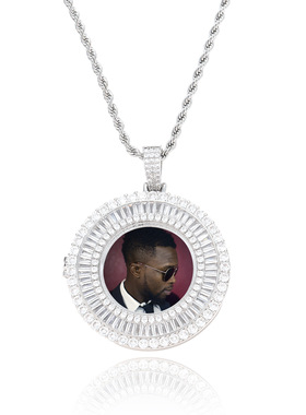 可定制跨境欧美嘻哈圆形相框吊坠个性照片T方锆石DIY创意项链男女