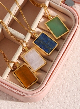 欧美ins摩登简约潮流百搭项坠饰品 不锈钢矩形天然石古巴链项链女