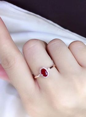 纯银镀18k玫瑰金天然红宝石戒指