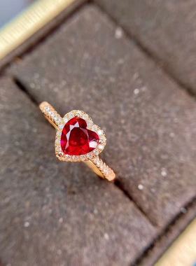 玫瑰金心形天然纯银石榴石戒指