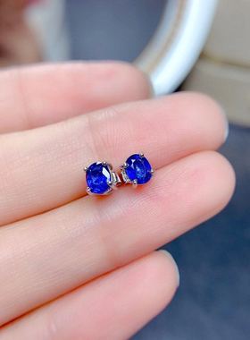 天然耳钉项链套装蓝宝石925银