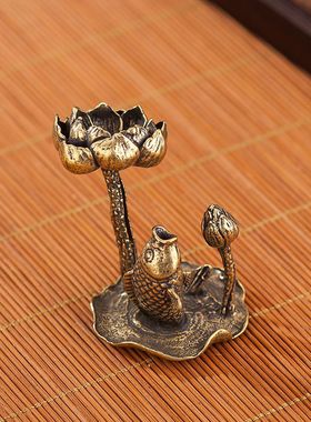 纯铜荷叶莲花倒流香摆件实心黄铜青蛙荷花池塘意境香架香托工艺品