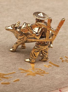 黄铜复古创意老牛耕地个性书桌个性桌面摆件老物件茶道