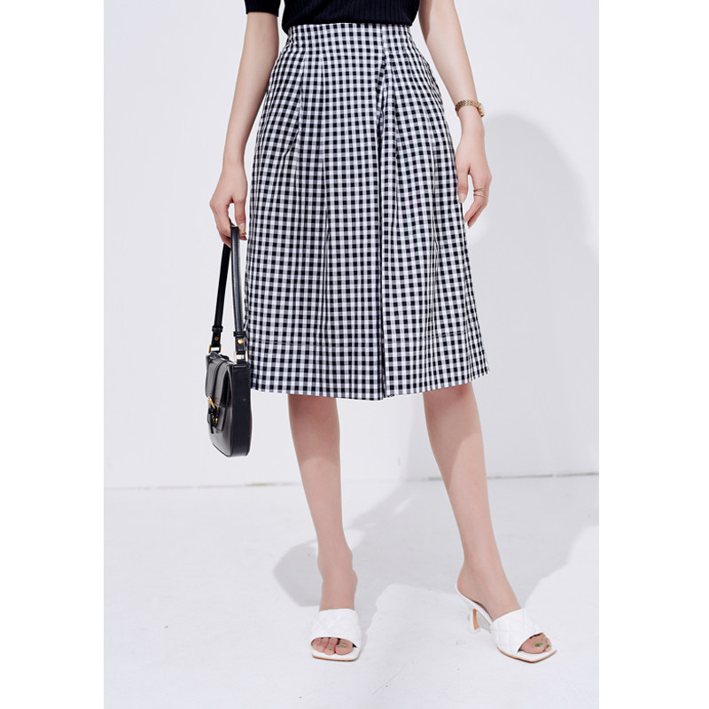 初棉纯棉洋气松紧腰黑白女格子裙裤 初棉半身裙