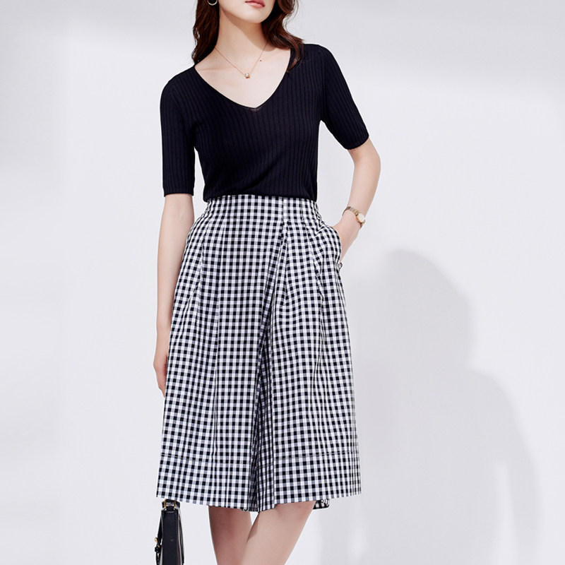 初棉纯棉洋气松紧腰黑白女格子裙裤 初棉半身裙