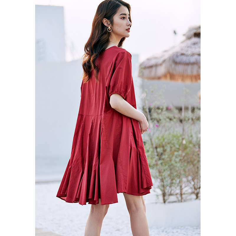 初棉大裙摆纯棉红色收腰连衣裙 初棉连衣裙