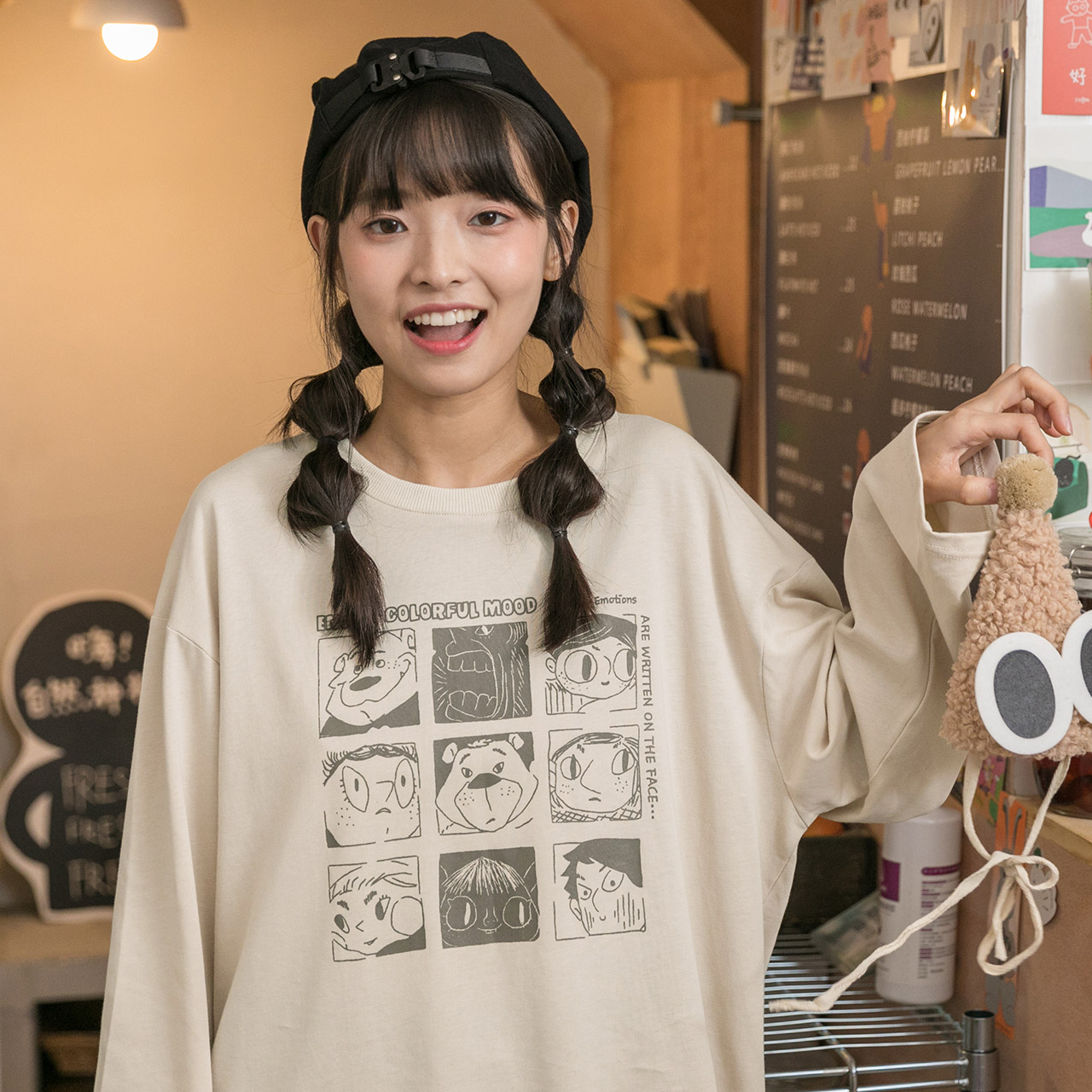 尔给原宿风卡通印花长袖t恤秋季女上衣2020年宽松