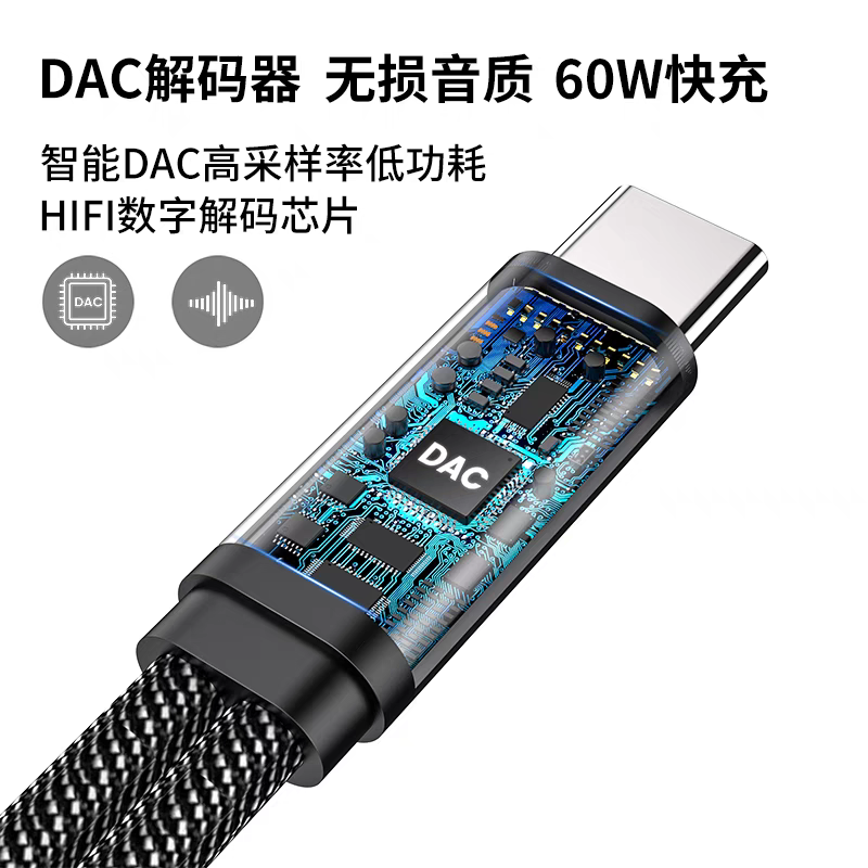 Typec转3.5mm圆头HIFI数字DAC耳机转换线器适用苹果15华为Mate50三星OPPO有线音频线二合一头手机通用60W充电 - 图0