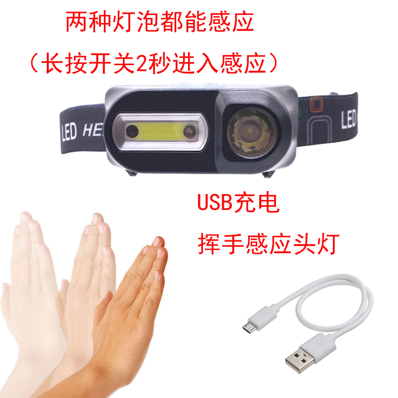 USB充电LED+COB感应钓鱼头灯户外露营徒步登山头戴式汽车修理灯