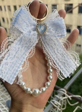 原创蕾丝格子蝴蝶结包包挂饰珍珠链挂件lolita精致ins风日系超萌