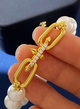 嘻哈欧美时尚个性光面珍珠间钻铆钉环环相扣珍珠弹力绳手链手环