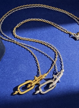 新款时尚百搭三叉戟金属镶半钻铆钉锥形环形链条立体吊坠项链嘻哈