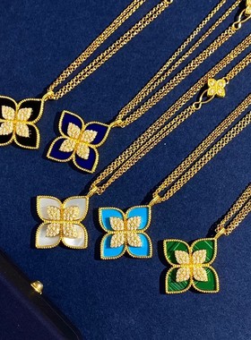 四叶草长项链女小众天然贝壳玛瑙轻奢四方菱形满钻挂饰双层毛衣链