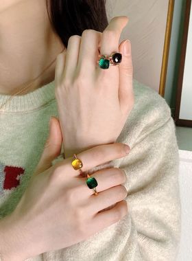 高颜值立体切割镶钻彩石戒指指环方糖水晶小众设计气质感镶钻法式