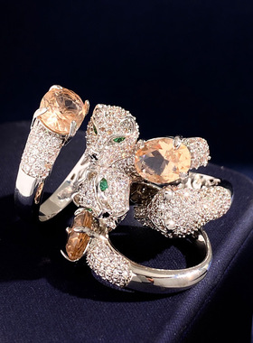 国潮风饰品满钻绿眼豹子头镶粉色钻戒指嘻哈个性动物猎豹开口指环