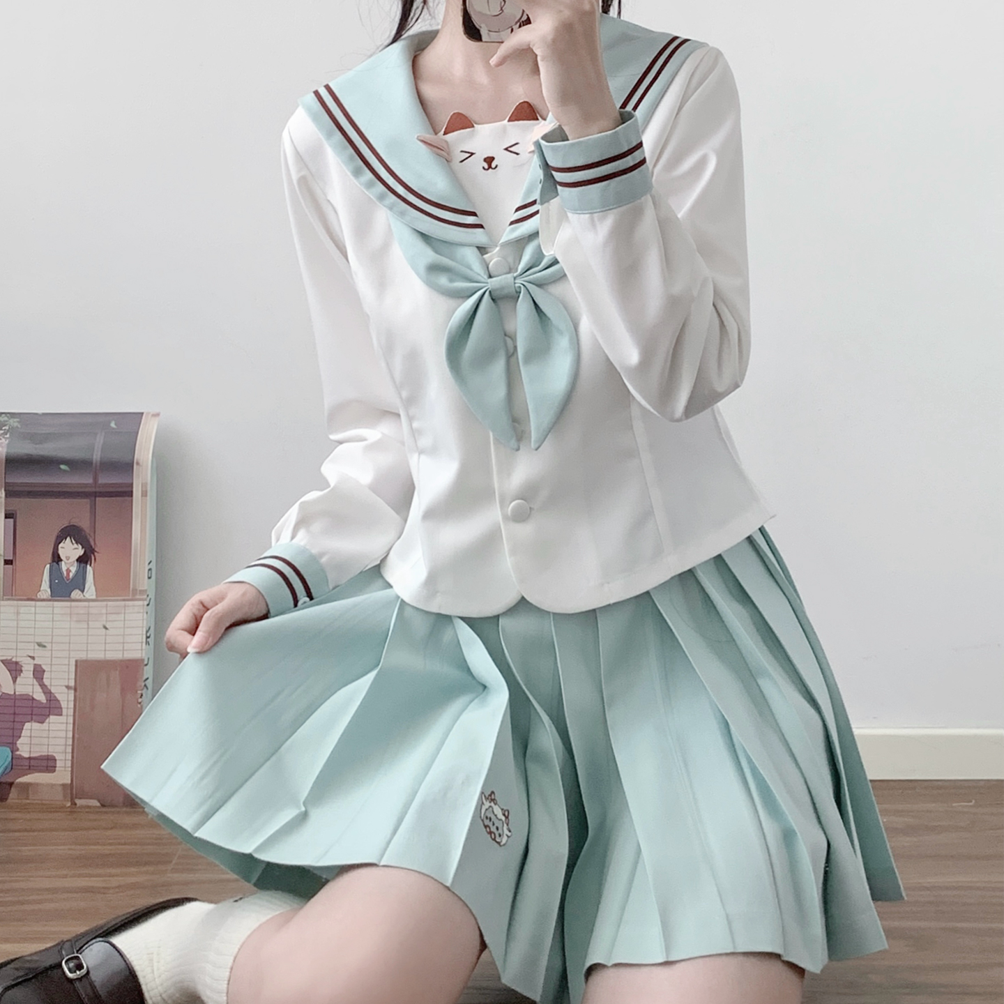 千星辰原创【甜心小羊】水手服收腰jk制服套长短袖装女校供百褶裙 - 图3