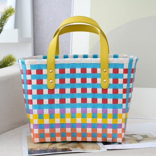 卡通彩色格子kitty猫编织包新款可爱菜篮子手提包百搭上班通勤包 - 图2