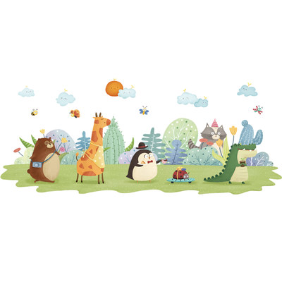 卡通动物熊鳄鱼上学儿童房间墙壁贴纸可移除墙贴画幼儿园自粘手绘 虎窝淘