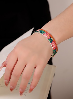 风华绝代牡丹花珐琅足银9999手镯