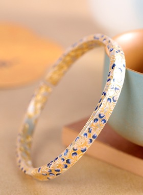 青黛繁花足银999.9珐琅实心手镯