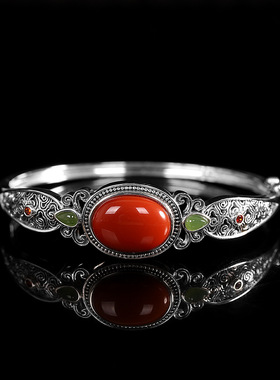 复古精工女通体纯银南红玛瑙手镯
