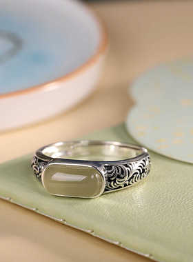 复古时尚925纯银天然玉戒指