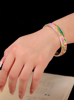 国风珐琅彩莲花开口足银9999手镯